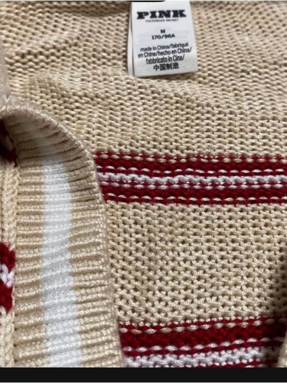 PINK Victoria's Secret Cream V-Neck Sweater with Red Stripes - Picture 3 of 3